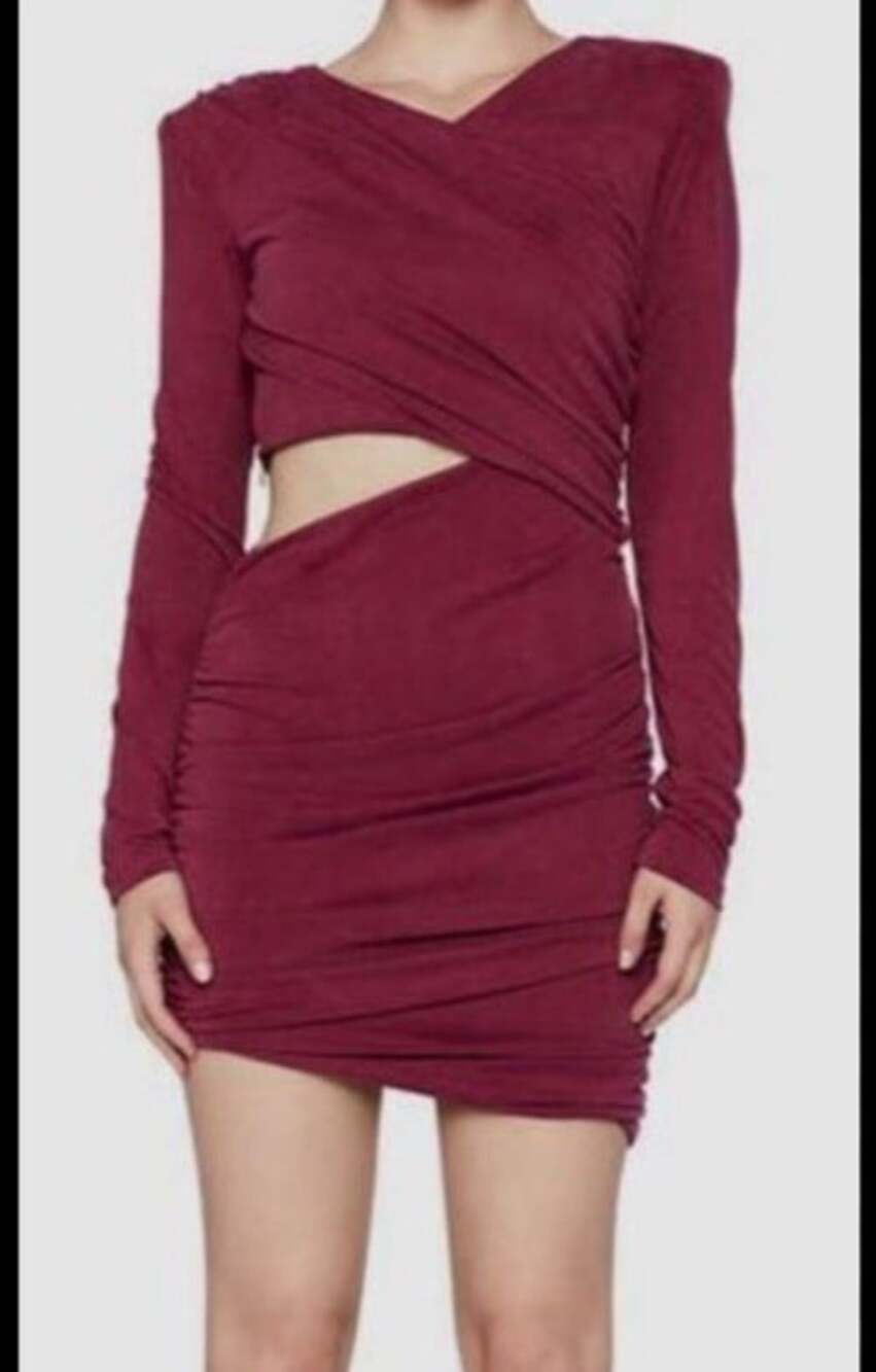 Bardot Rosa Ruched Cutout Long Sleeve Mini Dress Sz S Burgundy Structured Wrap